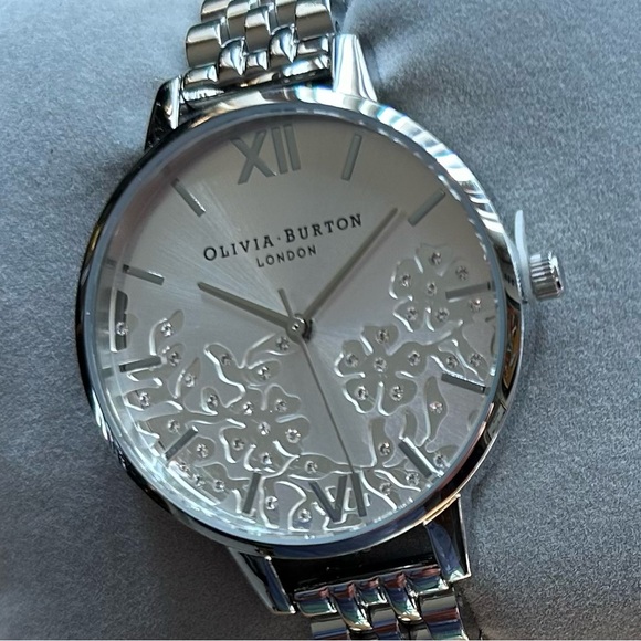 Olivia Burton All Silver Bejewelled Watch With 34mm Lace Detail Floral Face. - Picture 2 of 10